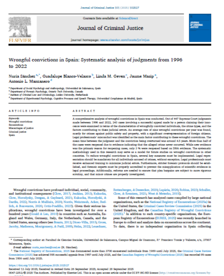 First page of the article about wrongful convictions in Spain