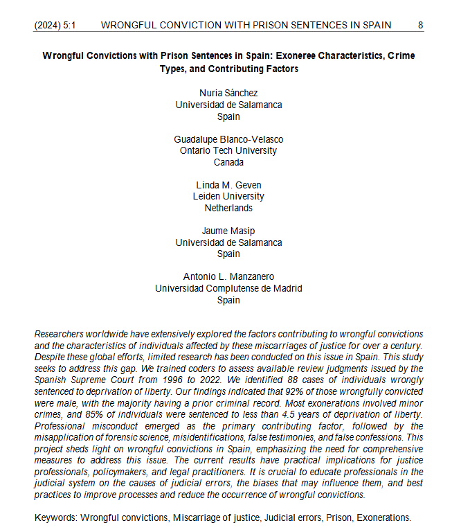First page of the article about wrongful convictions in Spain